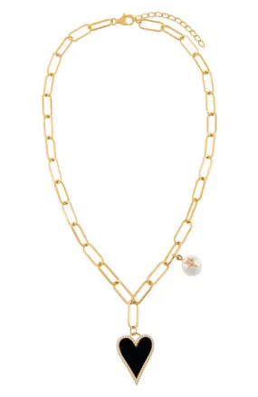 Heart X Pearl Charm PPC Necklace Onyx