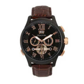 Heritor Automatic Hudson Semi-Skeleton Leather-Band Watch w/Day/Date - Brown/Black