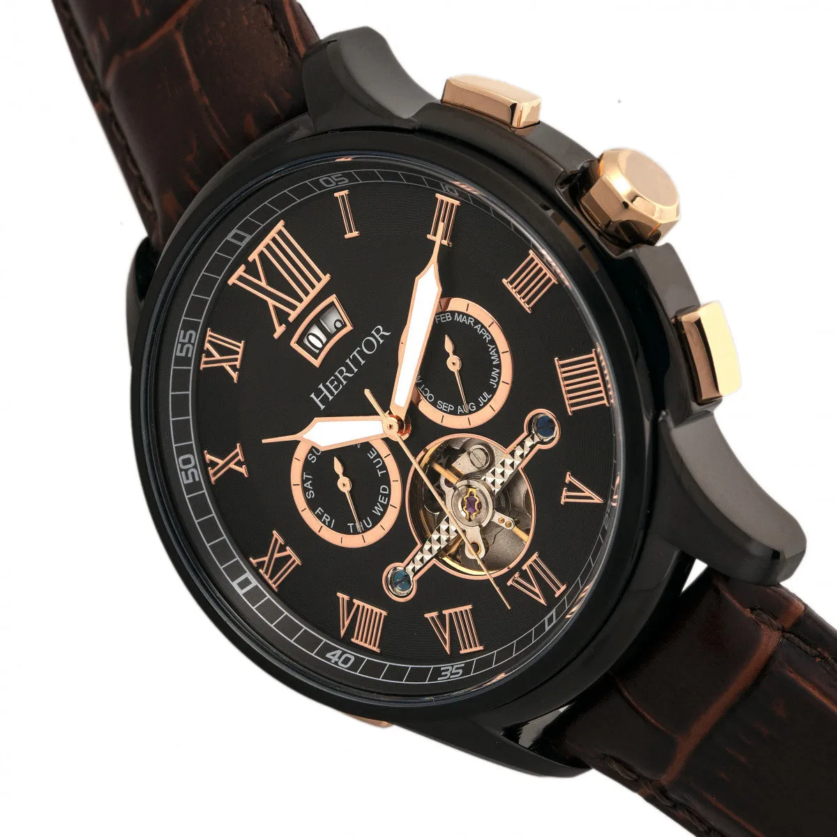 Heritor Automatic Hudson Semi-Skeleton Leather-Band Watch w/Day/Date - Brown/Black