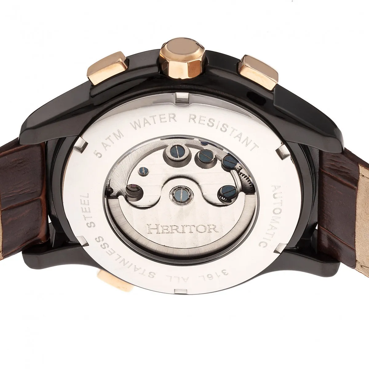 Heritor Automatic Hudson Semi-Skeleton Leather-Band Watch w/Day/Date - Brown/Black