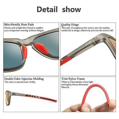 JOJEN Polarized Sports Sunglasses for Men Women Baseball Running Cycling Fishing Golf Tr90 Ultralight Frame JE001(Grey Frame Red Revo Lens)