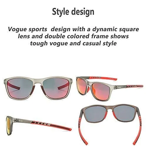 JOJEN Polarized Sports Sunglasses for Men Women Baseball Running Cycling Fishing Golf Tr90 Ultralight Frame JE001(Grey Frame Red Revo Lens)