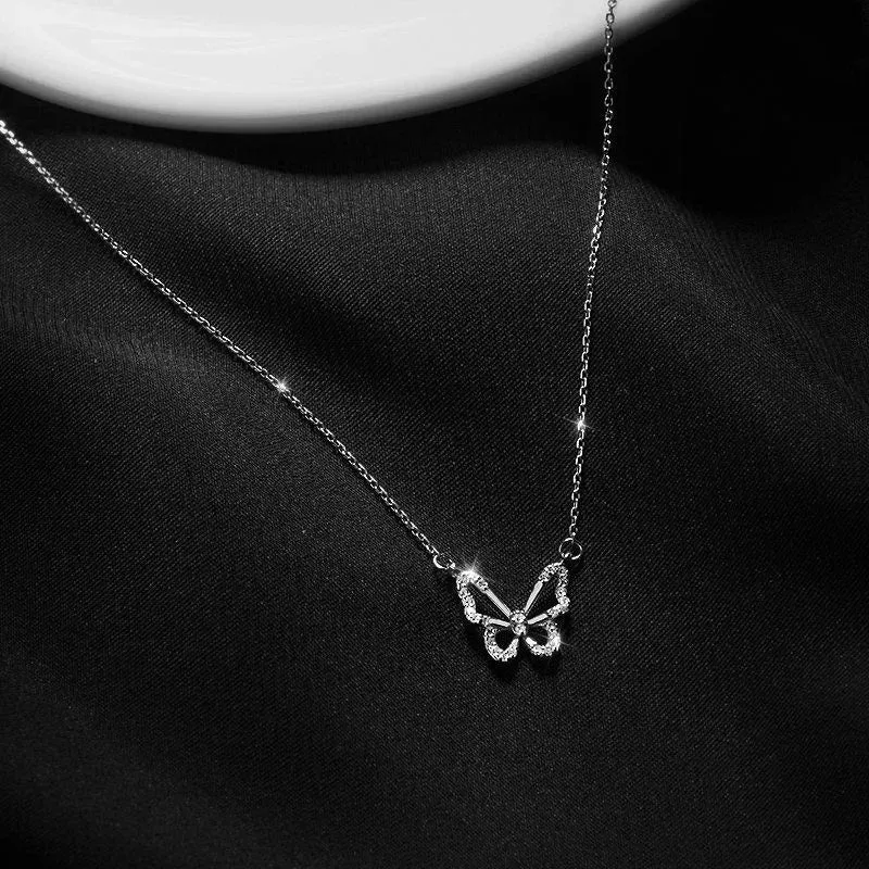 Ladies Silver Hollow Cutout Butterfly Crystal Choker Necklace