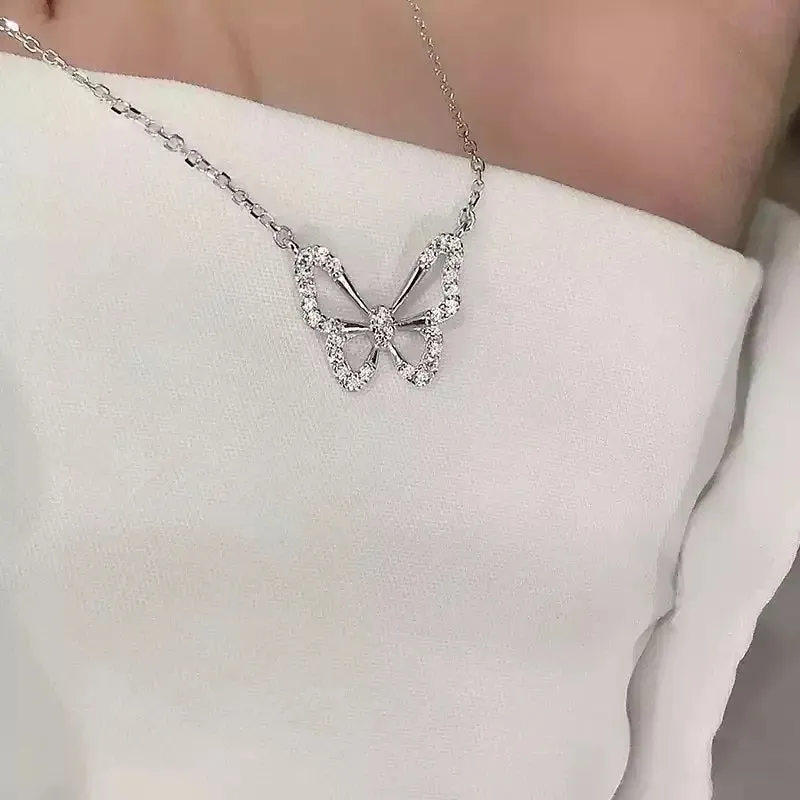 Ladies Silver Hollow Cutout Butterfly Crystal Choker Necklace