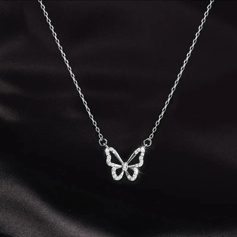 Ladies Silver Hollow Cutout Butterfly Crystal Choker Necklace
