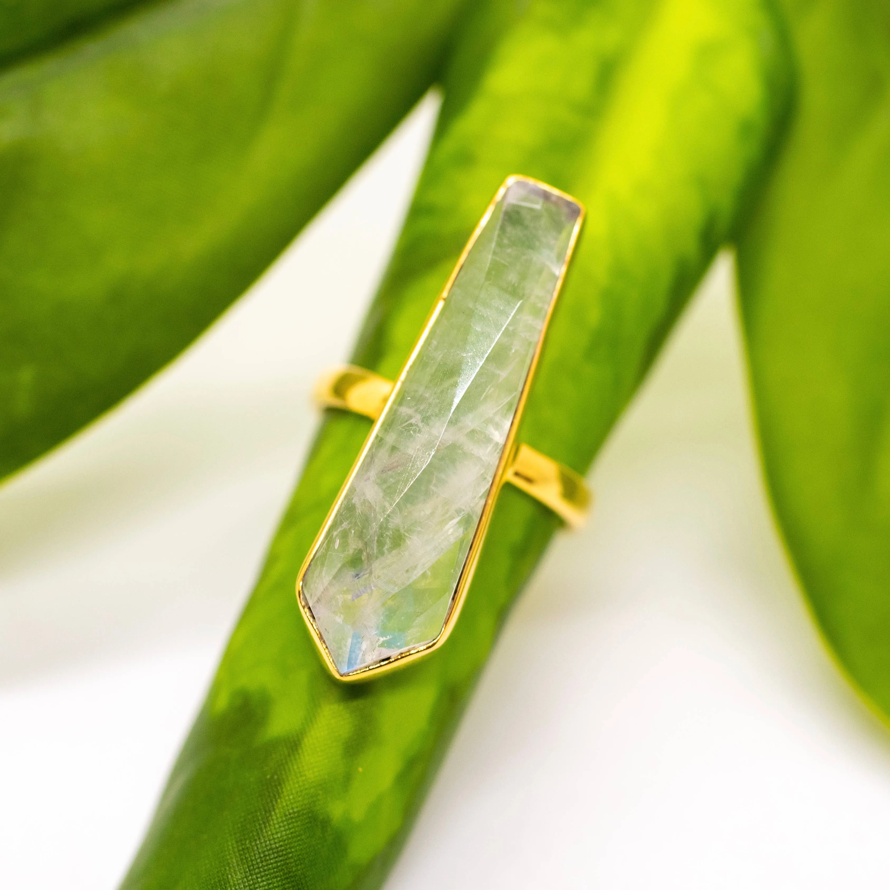 Long Brass Moonstone Bar Ring: 8