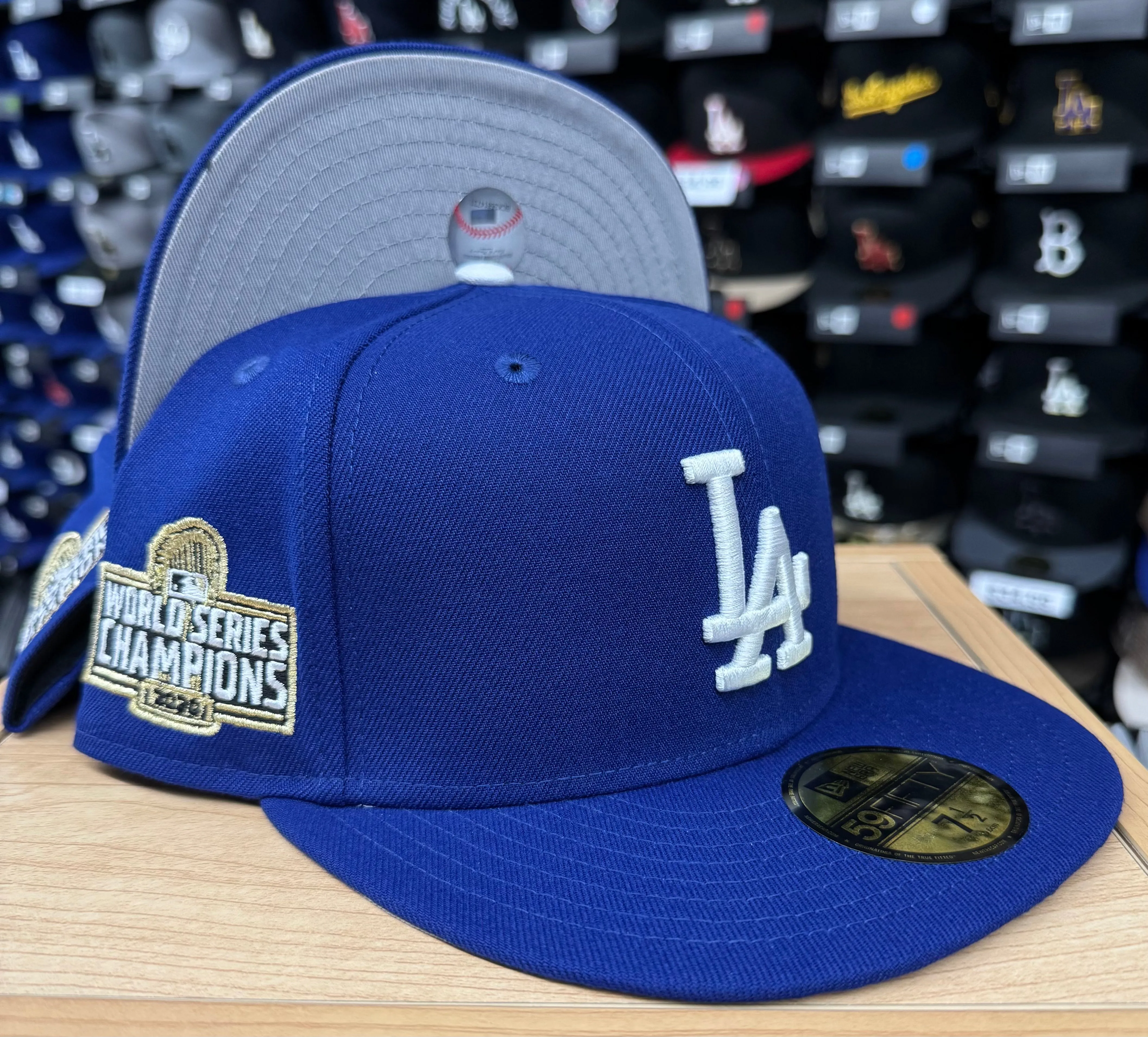 Los Angeles Dodgers Fitted New Era 59Fifty 2020 WS Trophy Blue Hat Cap Grey UV