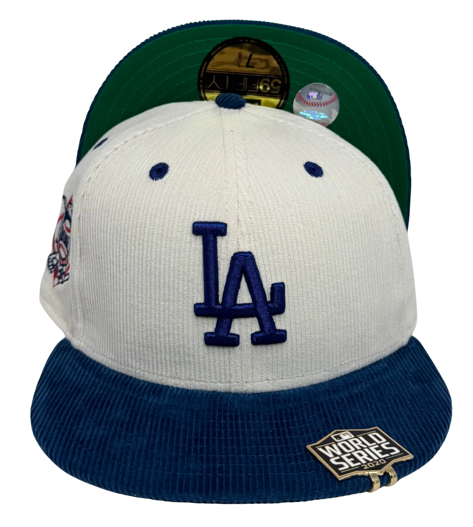 Los Angeles Dodgers Fitted New Era 59FIFTY Chrome Blue Corduroy w/ '20 WS Blip Cap Hat Green UV