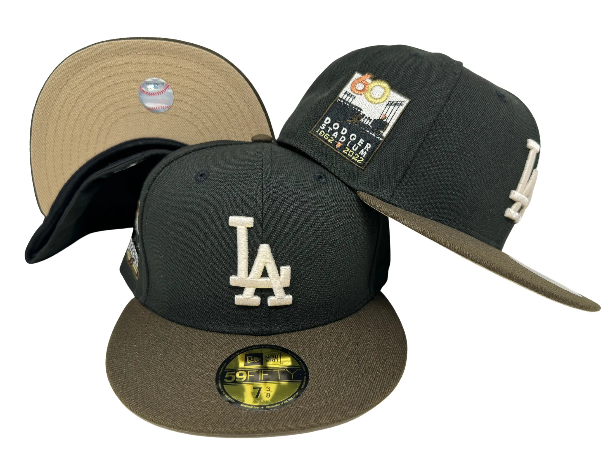 Los Angeles Dodgers Fitted New Era 59Fifty Ivory Logo Black Brown 60th Anniversary Hat Cap