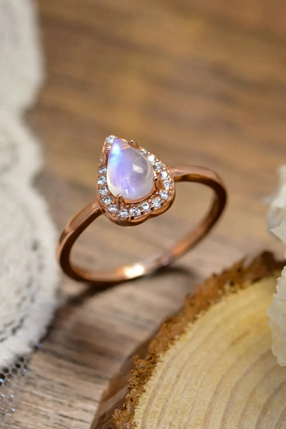 LOVCIA Moonstone Teardrop 925 Sterling Silver Halo Ring