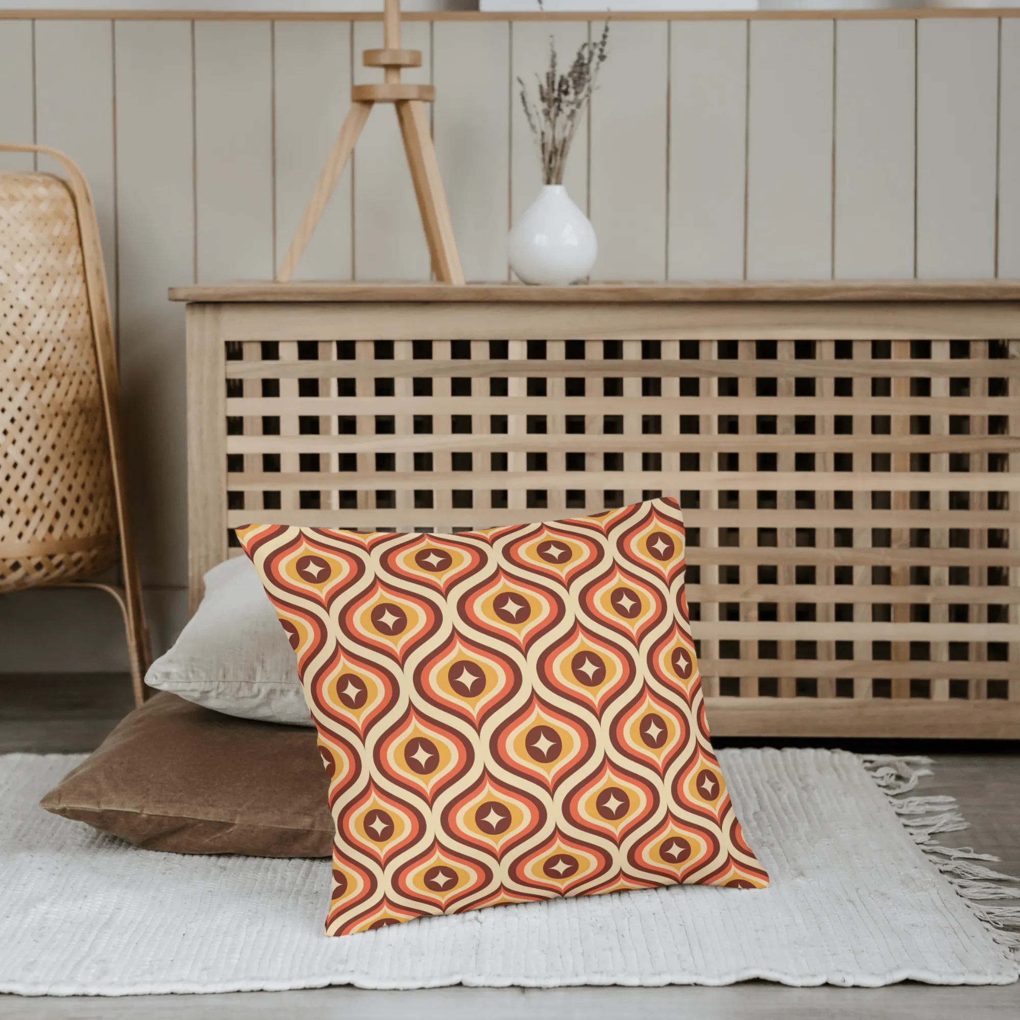 Mid Century Modern Pillows, Groovy 70's, Brown, Orange Yellow, Atomic Diamond, Retro MCM Home Decor Pillow Cushion And Insert