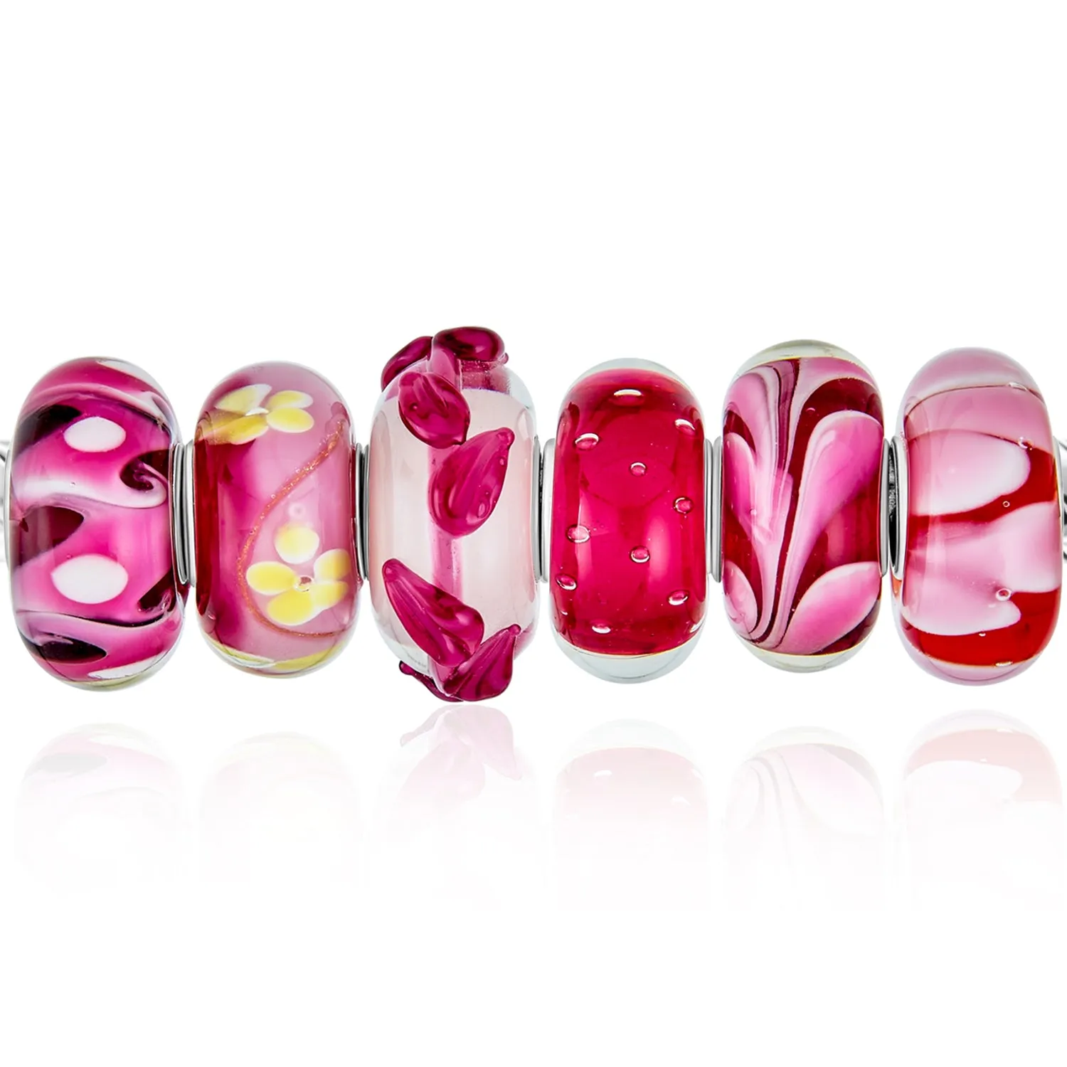 Mixed Set Sterling Silver Core Red Pink Floral Murano Glass Charm Bead for Bracelet
