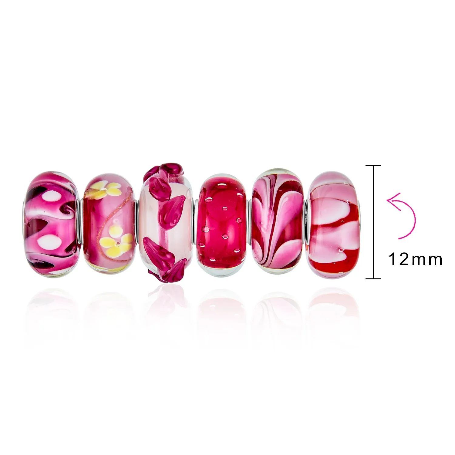 Mixed Set Sterling Silver Core Red Pink Floral Murano Glass Charm Bead for Bracelet