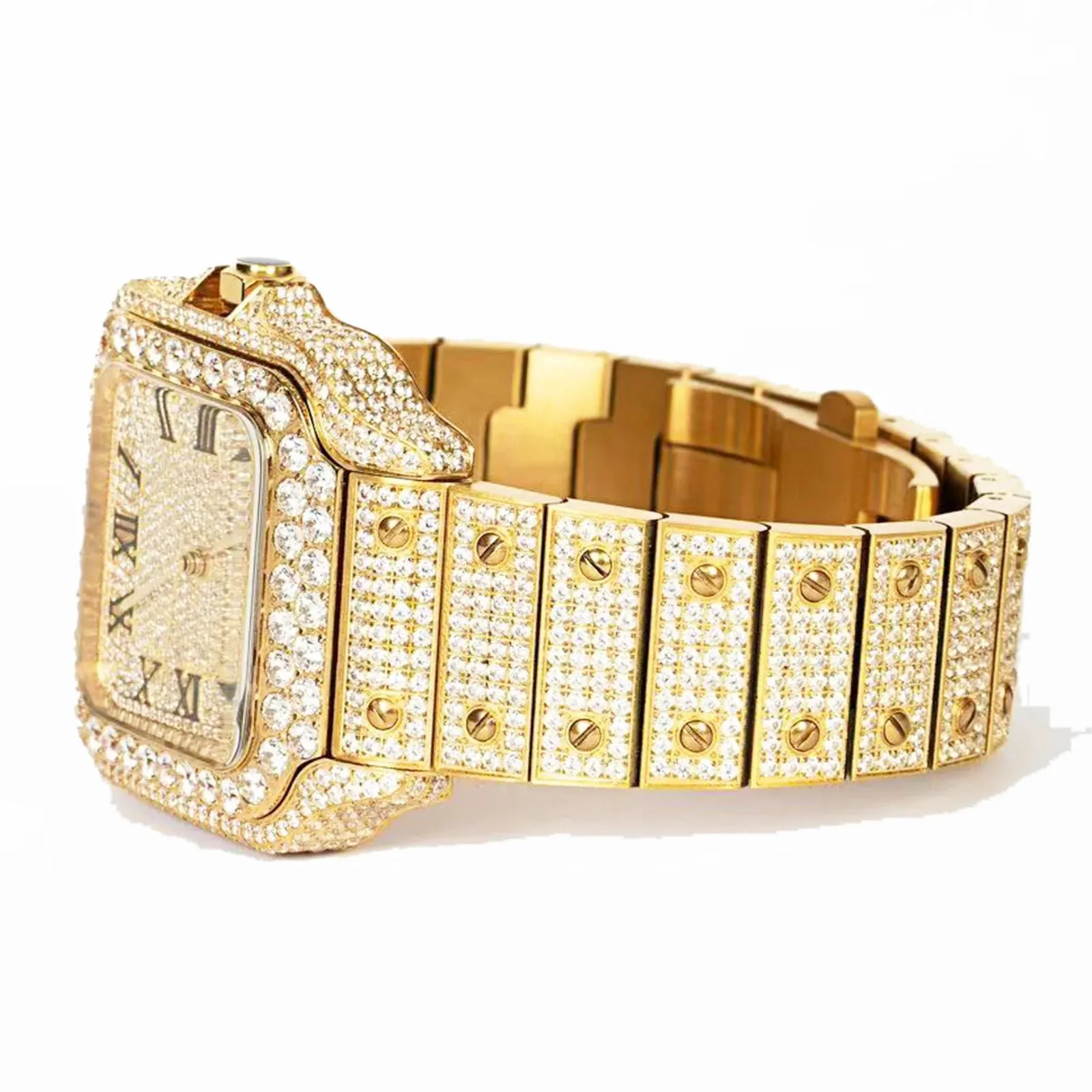 Moissanite Diamond Gold Tone Watch Automatic Stainless Steel Designer