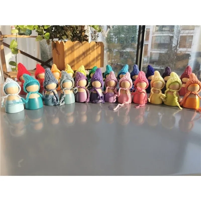 Montessori Crochet Wooden Rainbow Peg Dolls Set with Boards and Hats