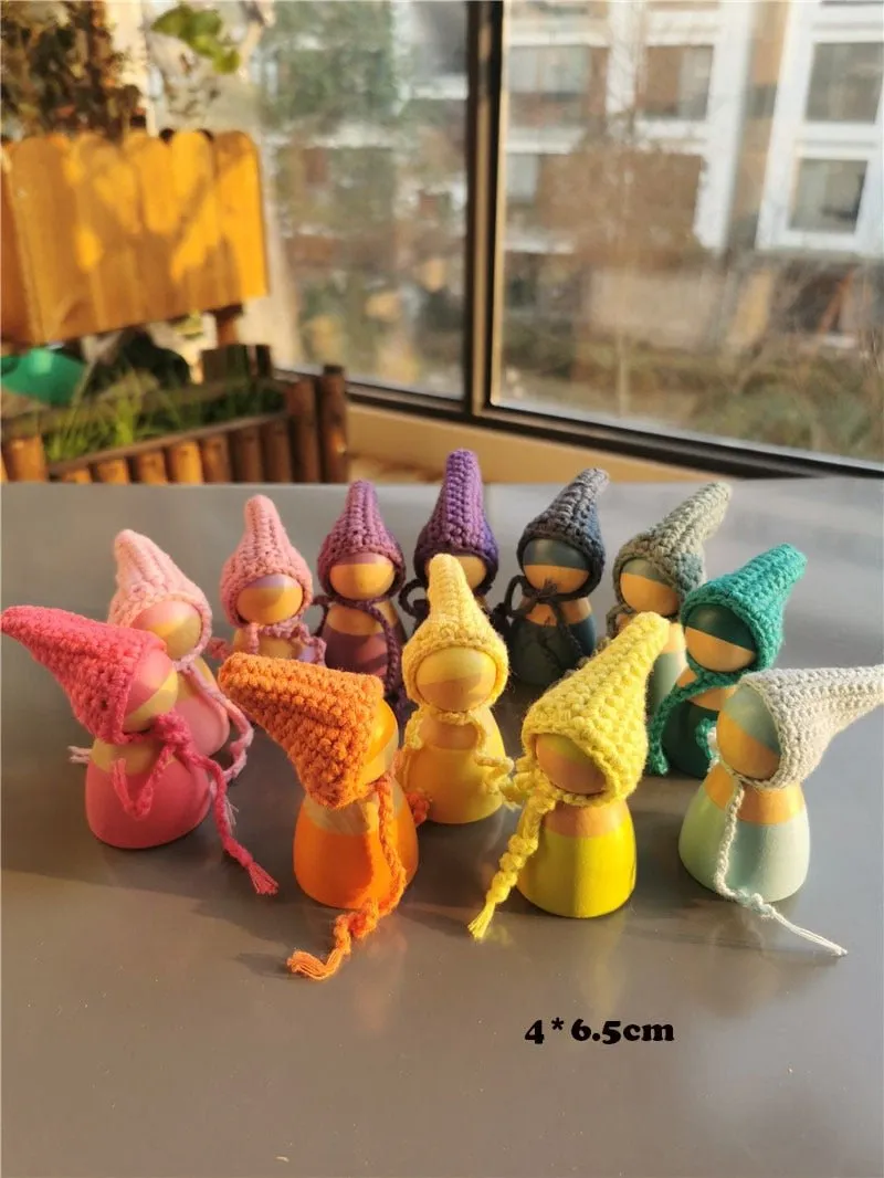 Montessori Crochet Wooden Rainbow Peg Dolls Set with Boards and Hats