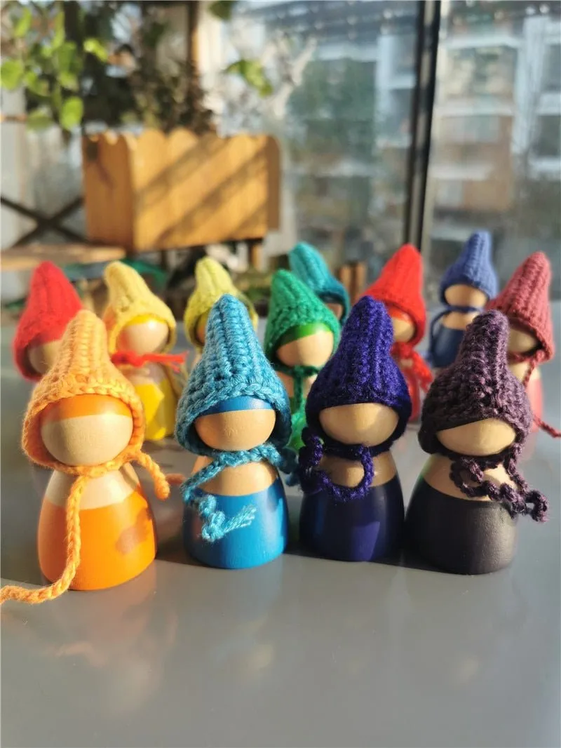 Montessori Crochet Wooden Rainbow Peg Dolls Set with Boards and Hats