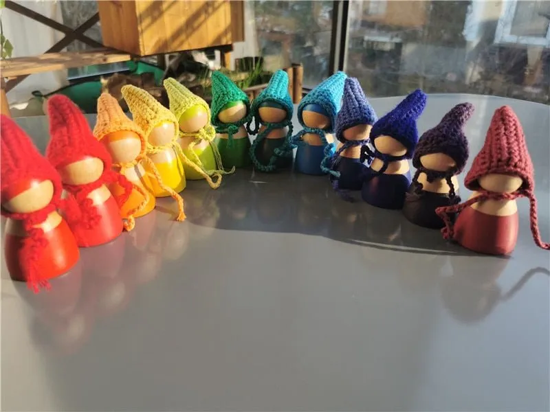 Montessori Crochet Wooden Rainbow Peg Dolls Set with Boards and Hats