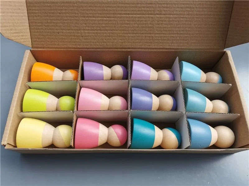 Montessori Crochet Wooden Rainbow Peg Dolls Set with Boards and Hats