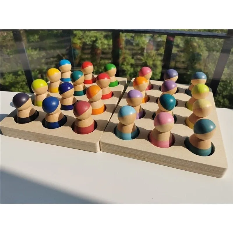 Montessori Crochet Wooden Rainbow Peg Dolls Set with Boards and Hats