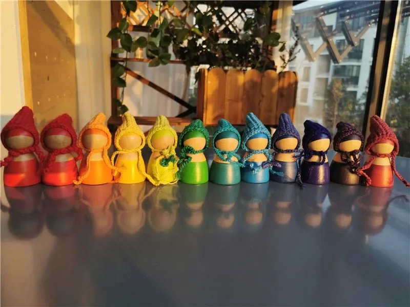 Montessori Crochet Wooden Rainbow Peg Dolls Set with Boards and Hats