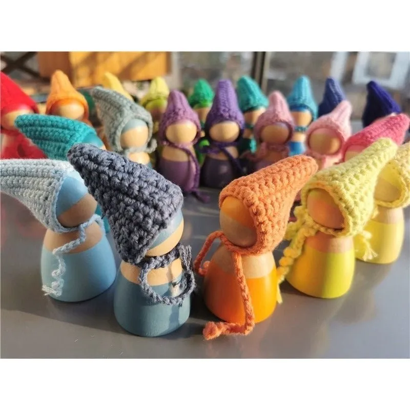 Montessori Crochet Wooden Rainbow Peg Dolls Set with Boards and Hats