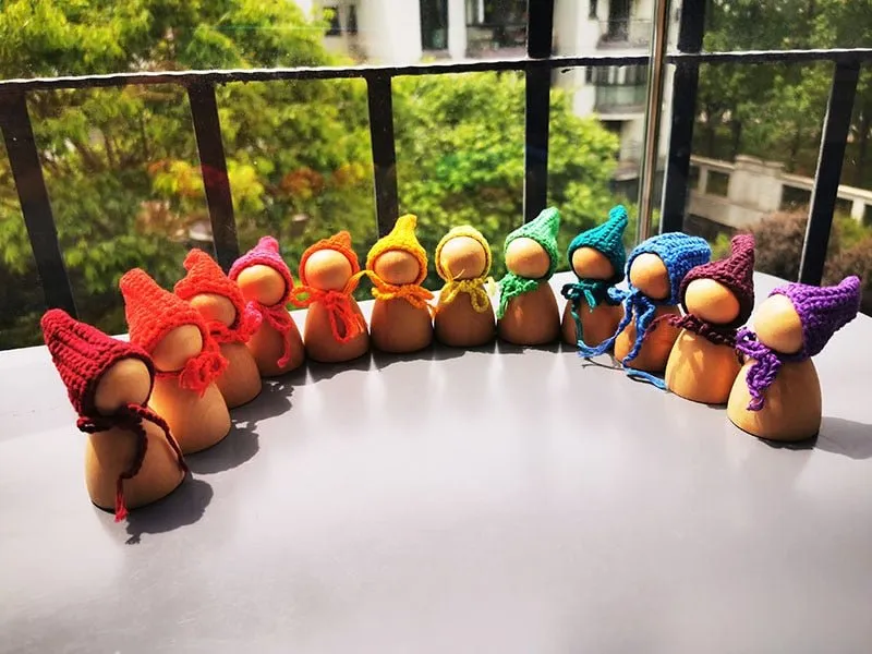 Montessori Crochet Wooden Rainbow Peg Dolls Set with Boards and Hats