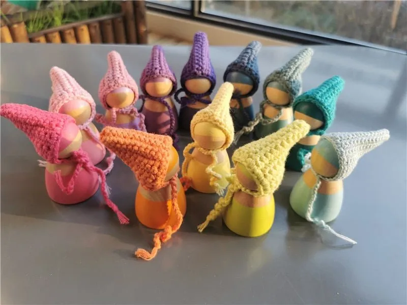 Montessori Crochet Wooden Rainbow Peg Dolls Set with Boards and Hats