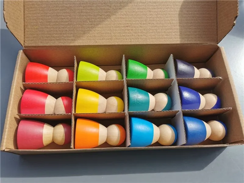 Montessori Crochet Wooden Rainbow Peg Dolls Set with Boards and Hats