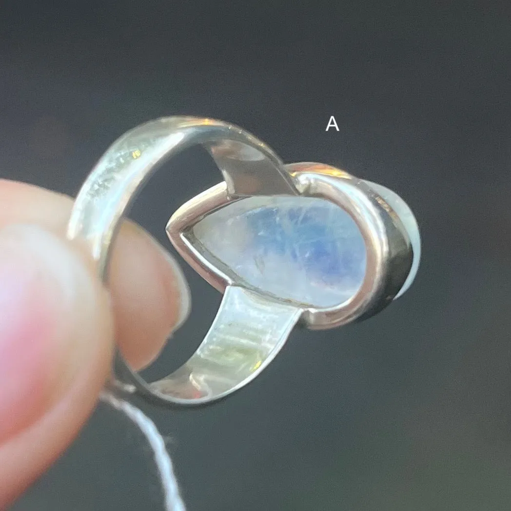 Moonstone Rings, Teardrop Cabochon, 925 Sterling Silver, AG