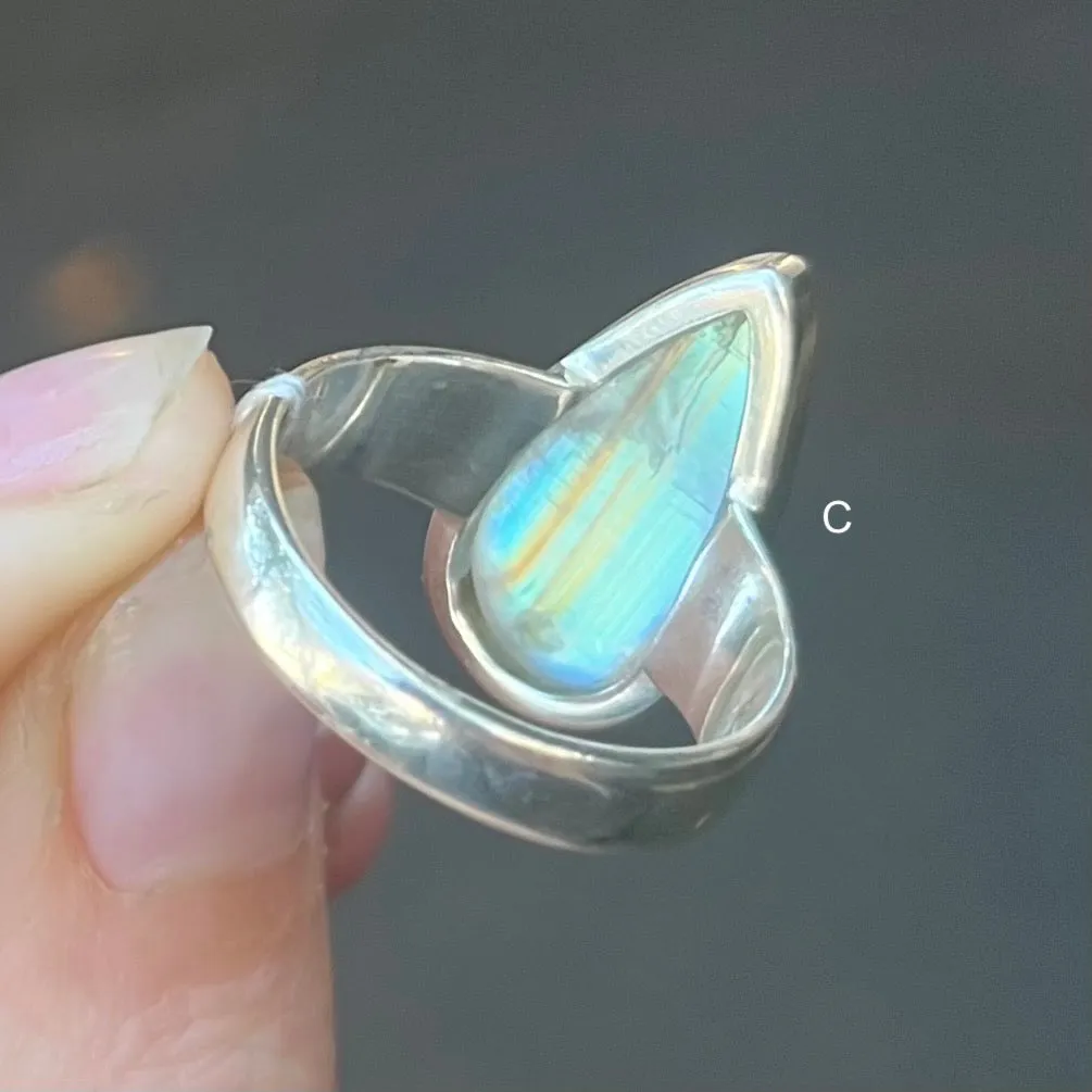 Moonstone Rings, Teardrop Cabochon, 925 Sterling Silver, AG