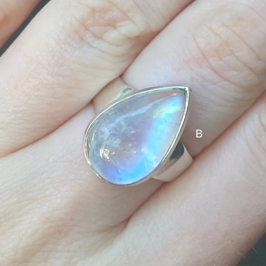 Moonstone Rings, Teardrop Cabochon, 925 Sterling Silver, AG