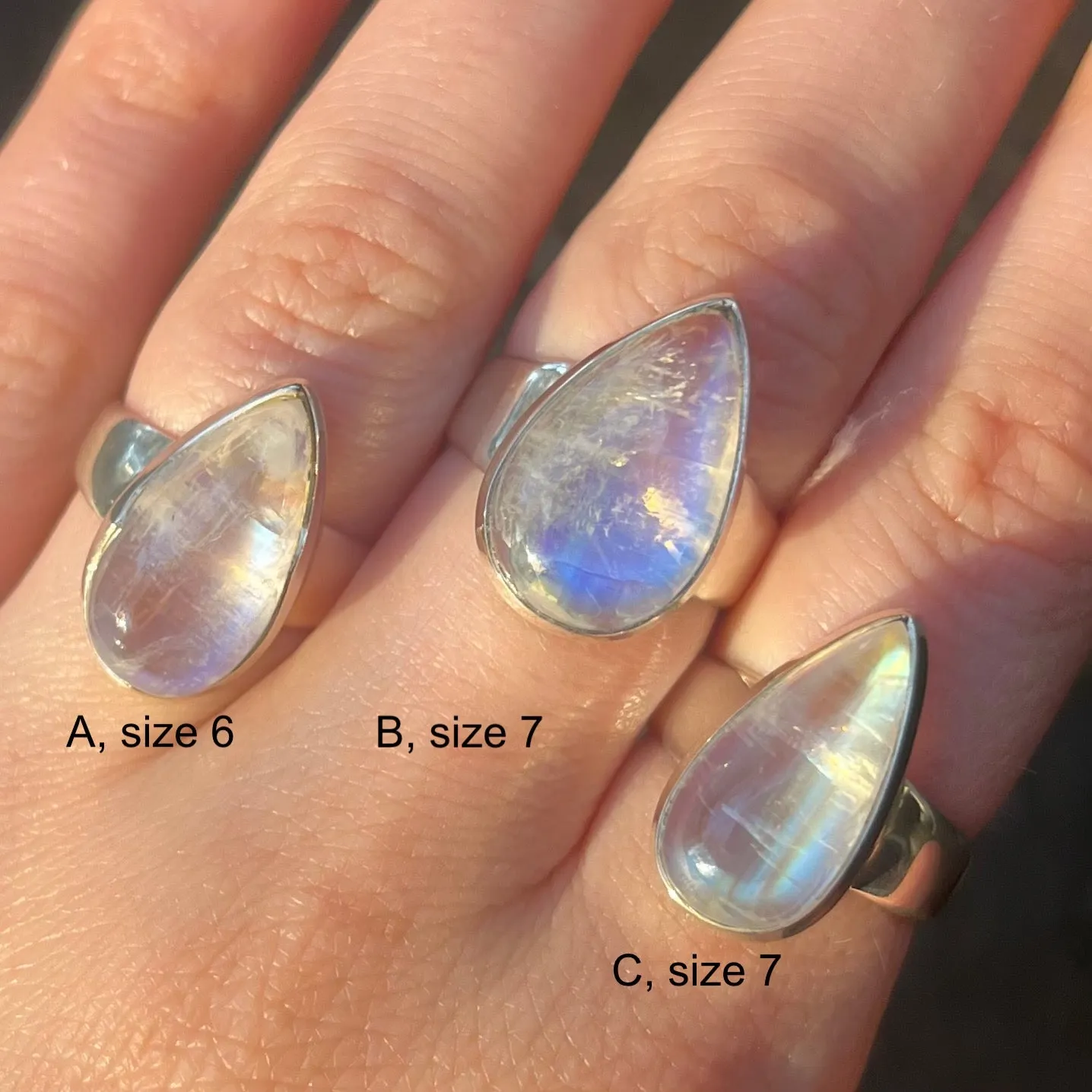 Moonstone Rings, Teardrop Cabochon, 925 Sterling Silver, AG