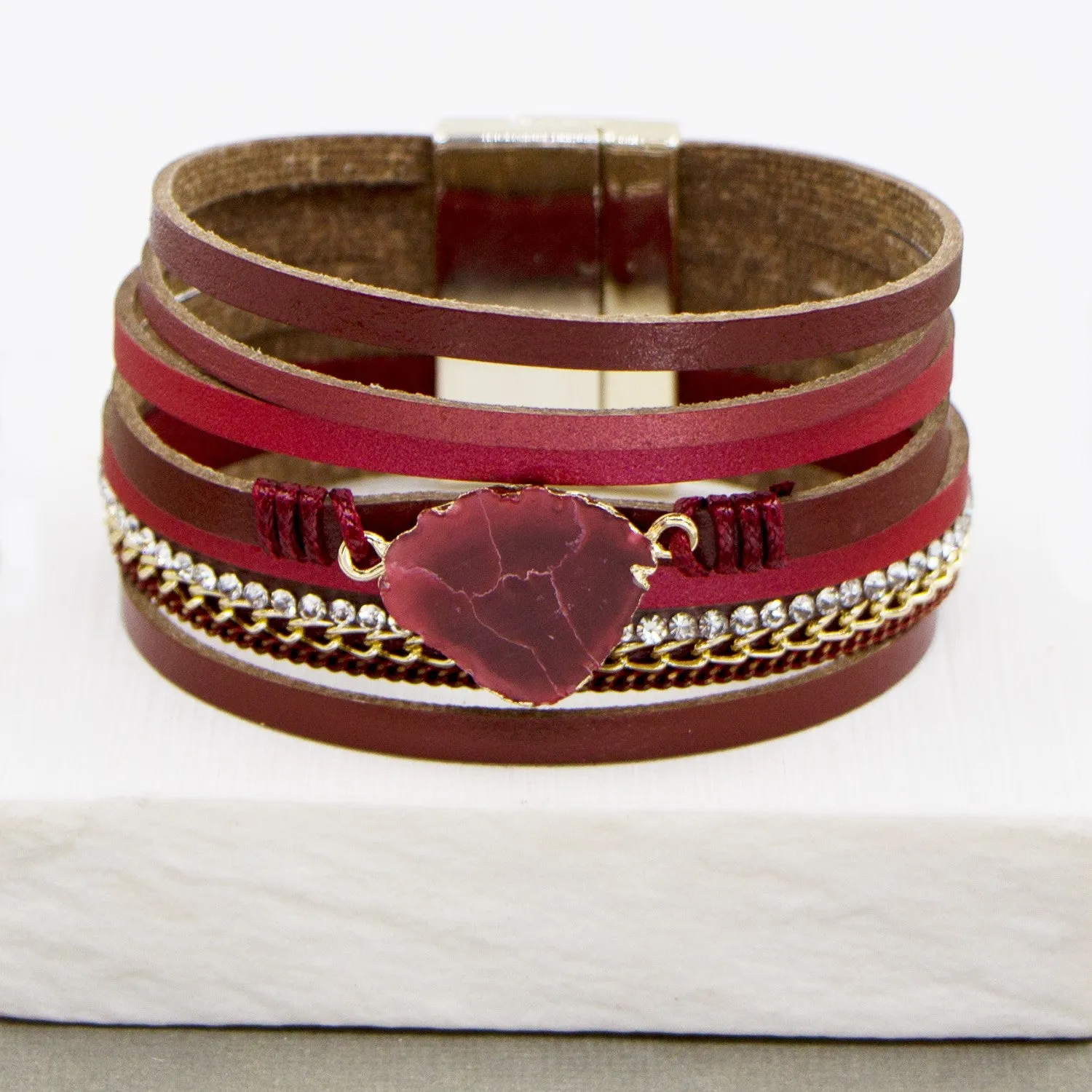 Multistrand PU cuff with semi precious quartz feature