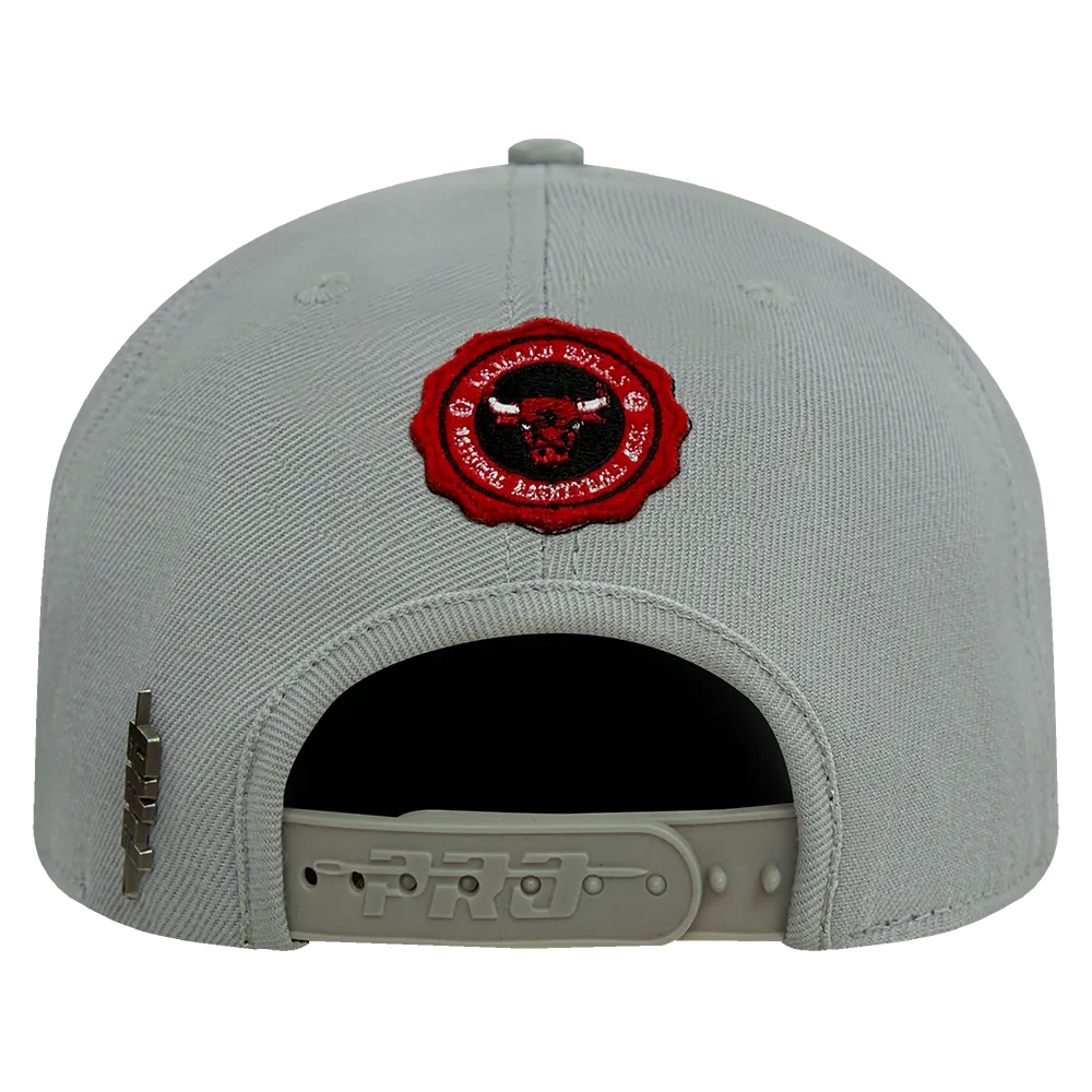 NBA CHICAGO BULLS CREST EMBLEM UNISEX WORDMARK WOOL SNAPBACK HAT (GRAY)