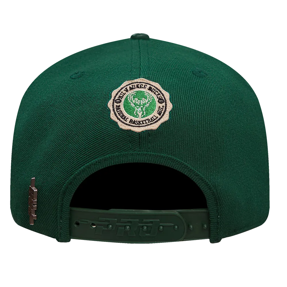NBA MILWAUKEE BUCKS CREST EMBLEM UNISEX WORDMARK WOOL SNAPBACK HAT (FOREST GREEN)