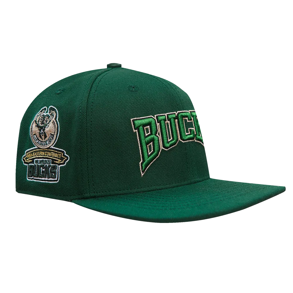 NBA MILWAUKEE BUCKS CREST EMBLEM UNISEX WORDMARK WOOL SNAPBACK HAT (FOREST GREEN)