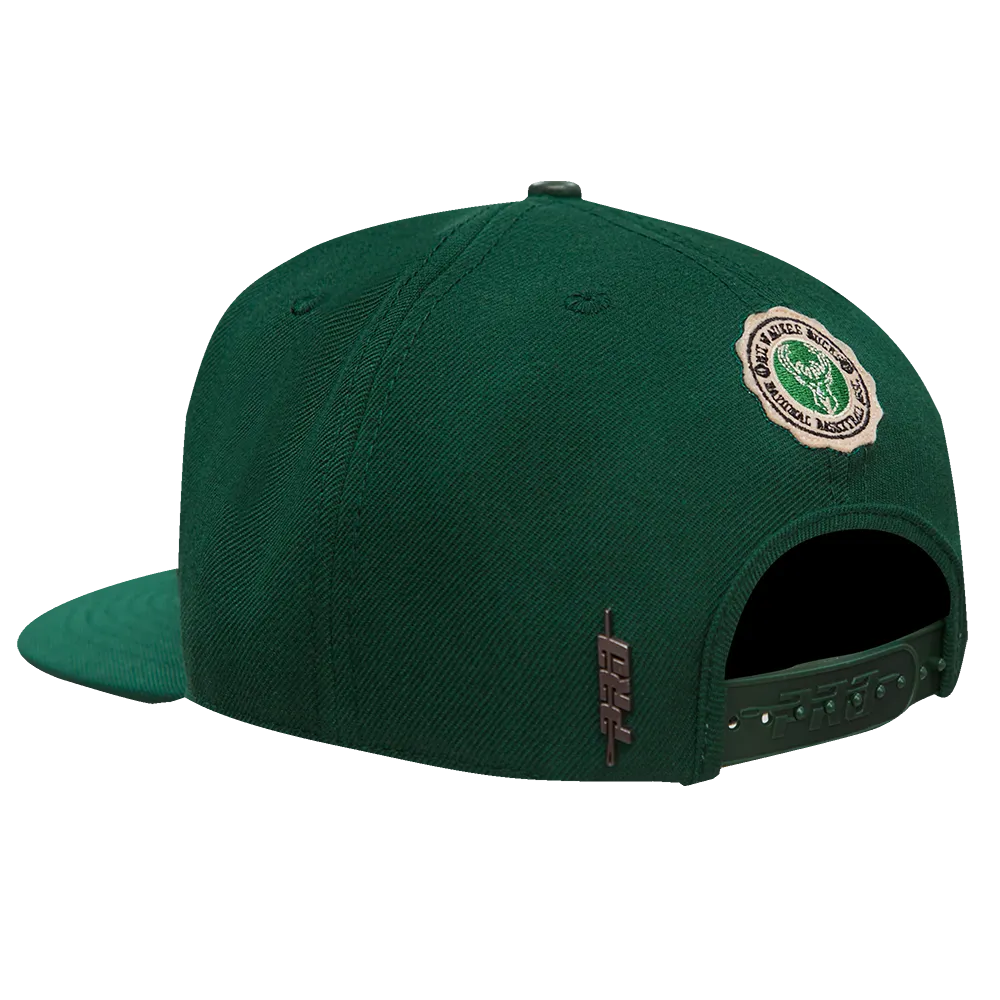 NBA MILWAUKEE BUCKS CREST EMBLEM UNISEX WORDMARK WOOL SNAPBACK HAT (FOREST GREEN)