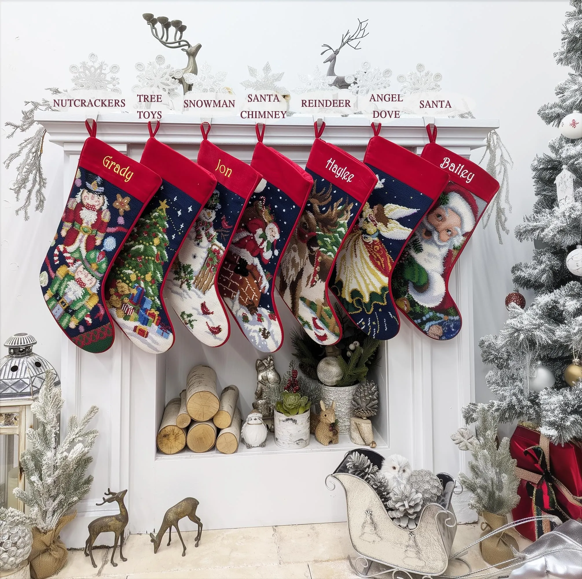 Needlepoint Christmas Stockings Personalized Santa Nutcracker Reindeer Snowman Old World Finished Embroidered Stockings with Names