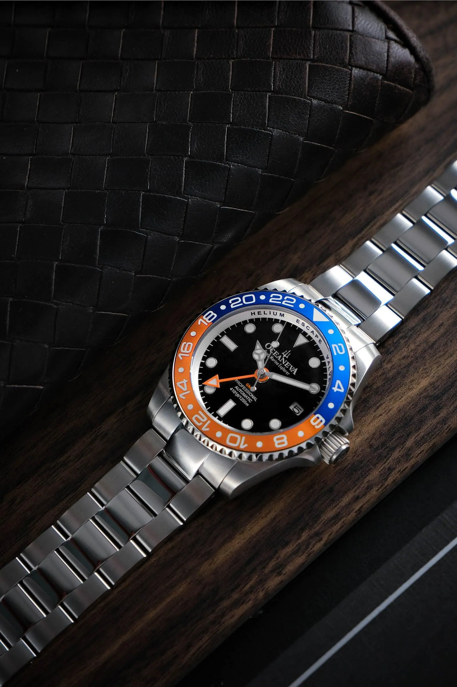 Oceaneva Men's GMT Automatic Deep Marine Explorer 1250M Pro Diver Blue Orange Bezel Watch