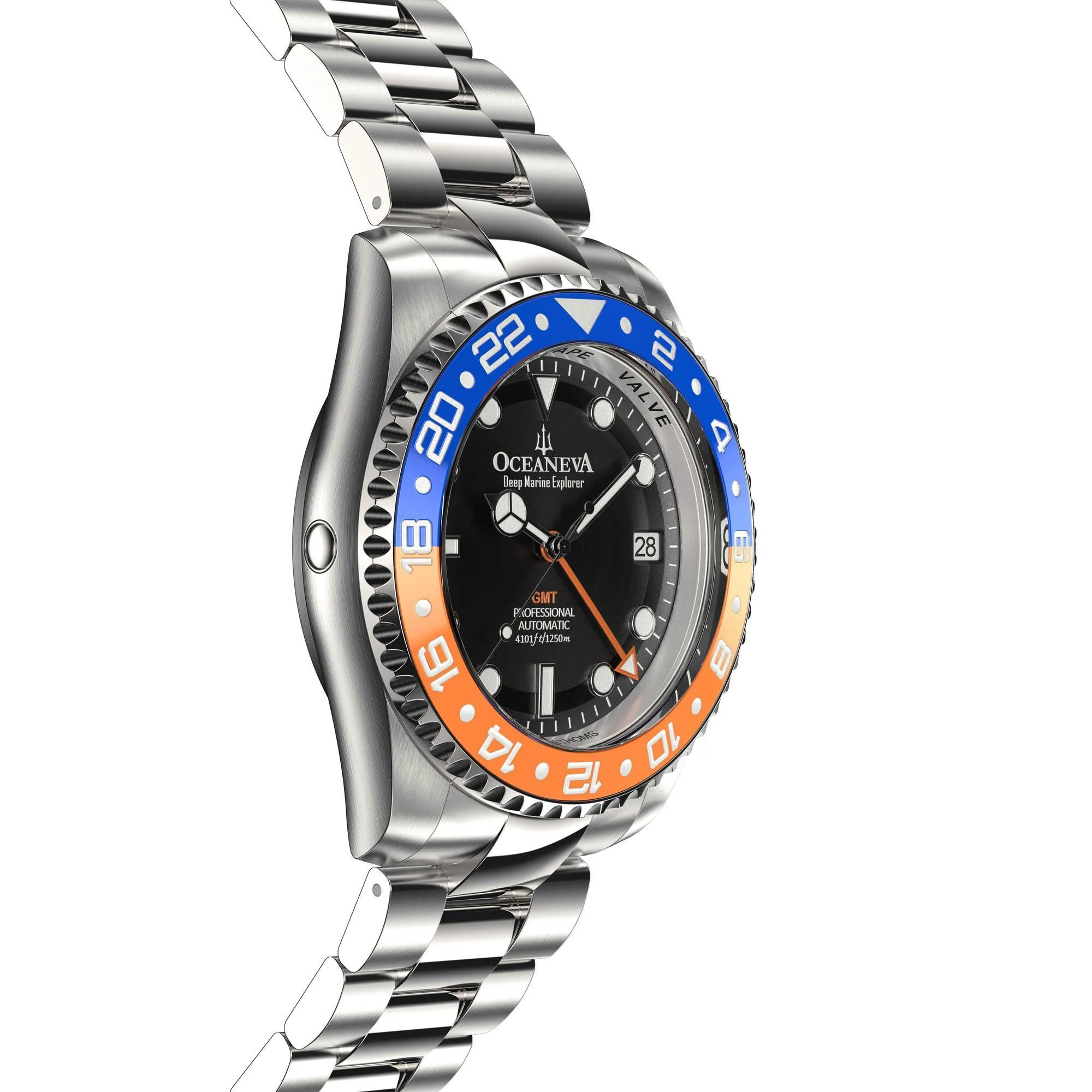 Oceaneva Men's GMT Automatic Deep Marine Explorer 1250M Pro Diver Blue Orange Bezel Watch