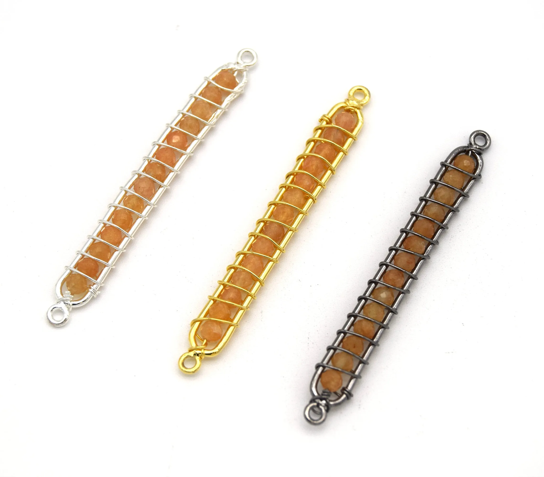 Peach Moonstone Bezel | 42mm x 4mm Gunmetal Wire Wrapped Bead Inclosure Pendant Connector