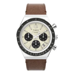 Q Timex Chronograph 40mm Leather Strap Watch Cream Dial
