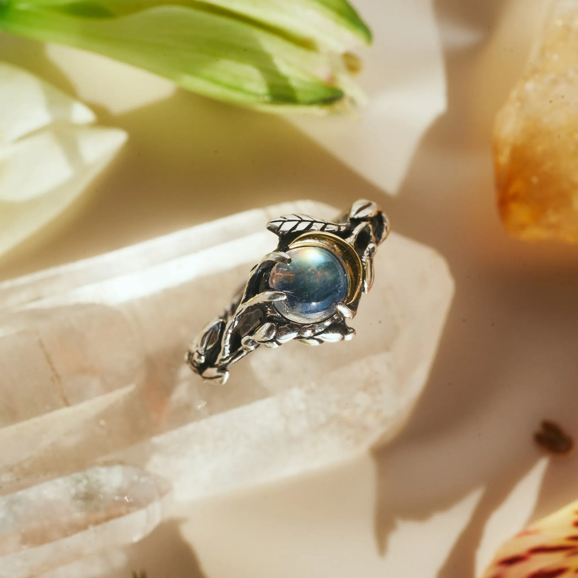 "Luna": Sterling Silver Engagement Ring with Moonstone and 14K Rose Gold Element