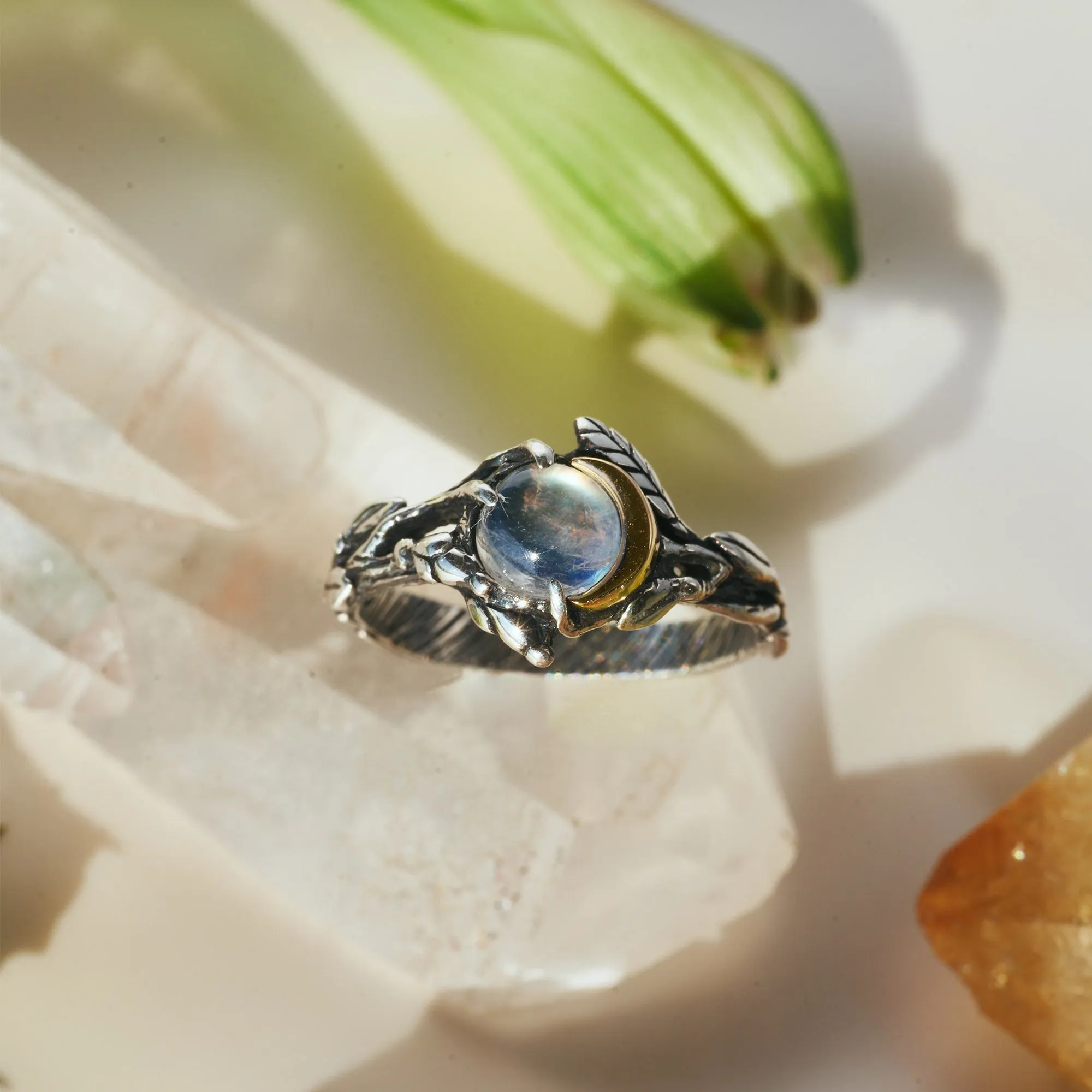 "Luna": Sterling Silver Engagement Ring with Moonstone and 14K Rose Gold Element