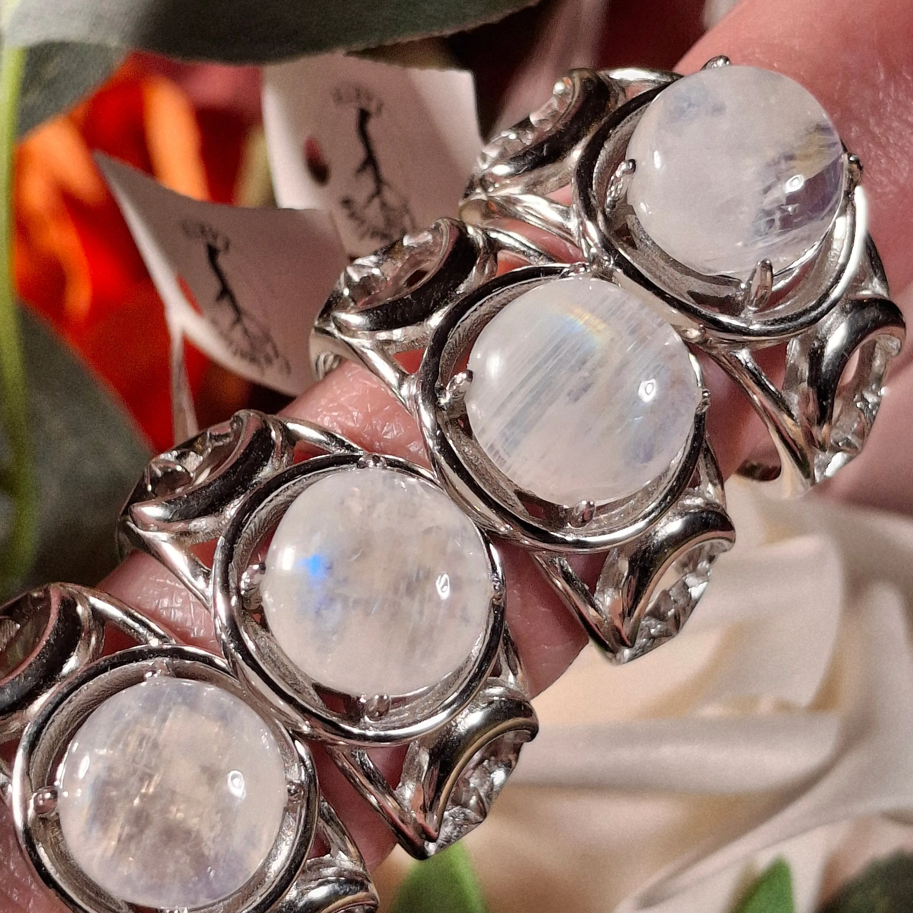 Rainbow Moonstone Triple Moon Cuff Ring .925 for New Beginnings and Goddess Energy