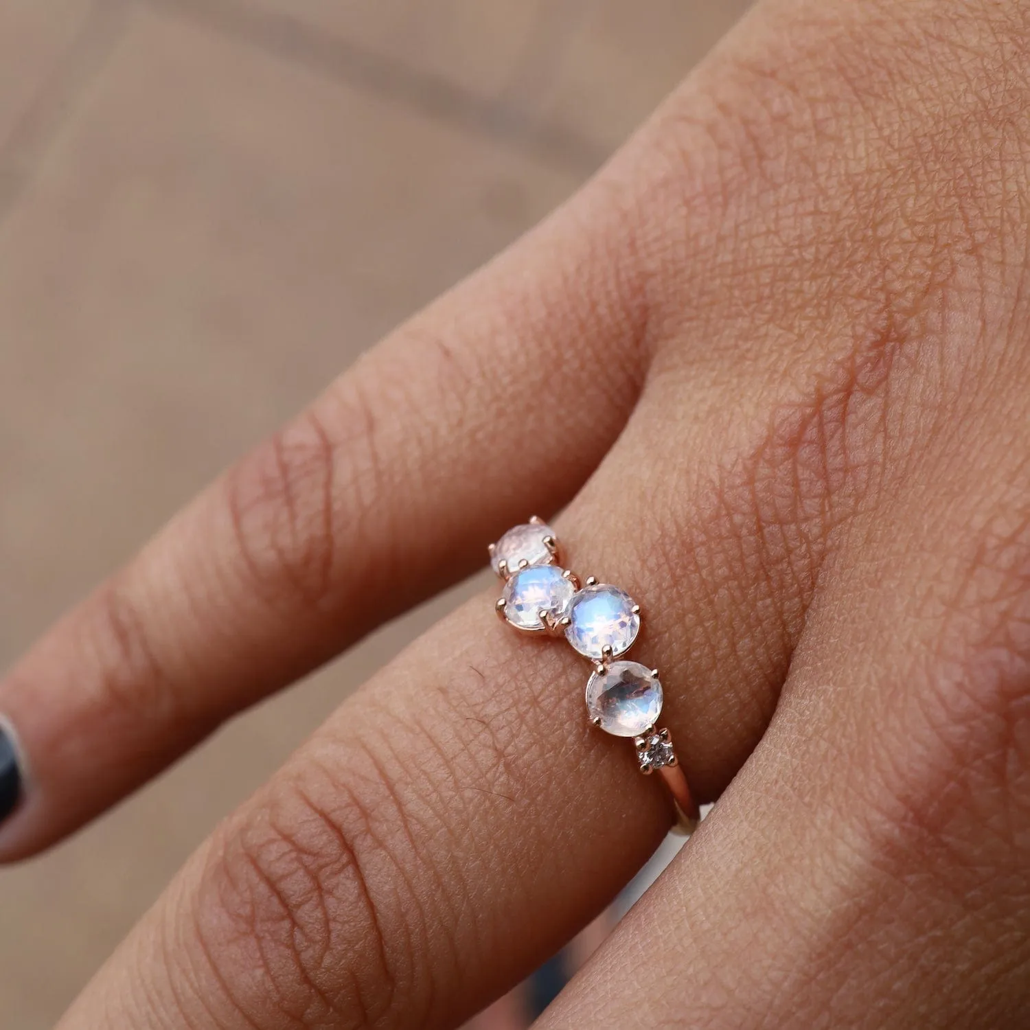 Rose Gold Round Rainbow Moonstone Ring