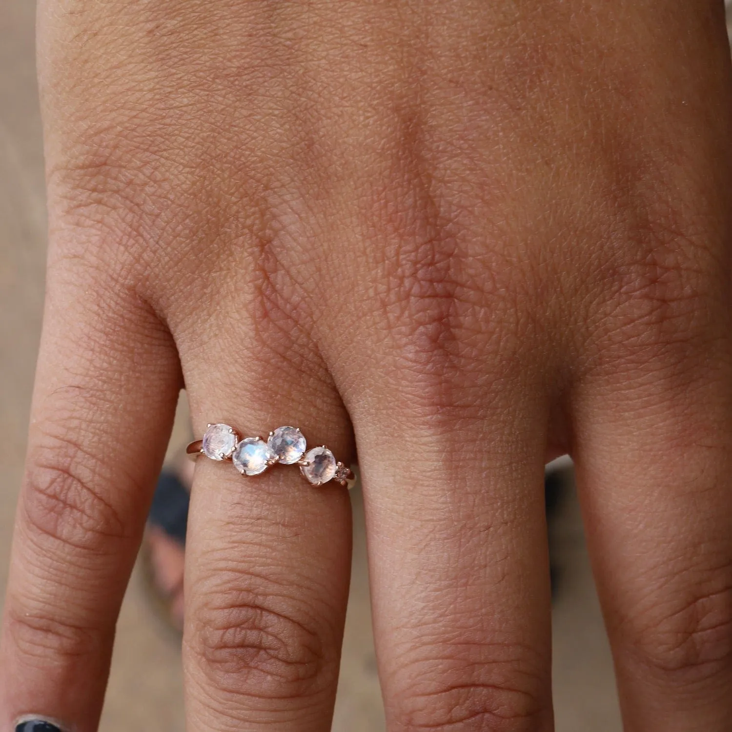 Rose Gold Round Rainbow Moonstone Ring