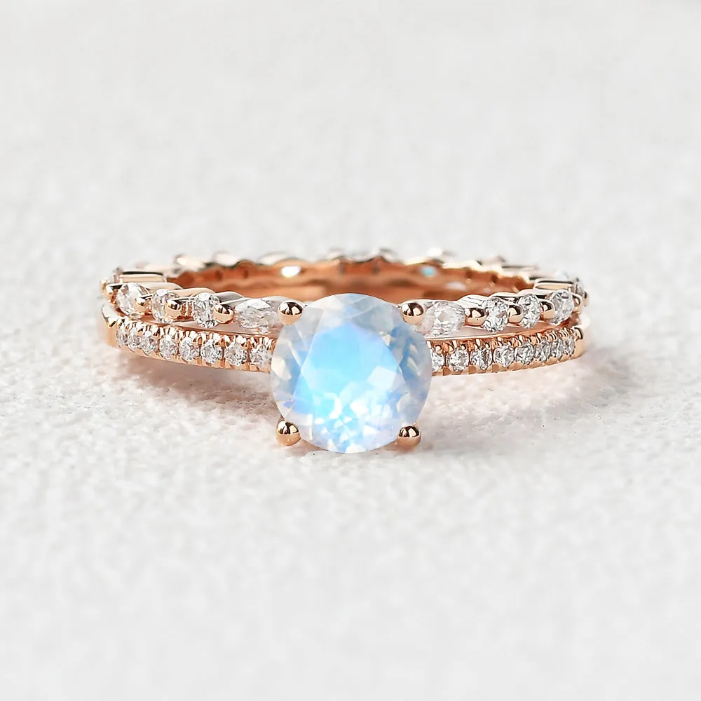 Round Cut 4 Prongs Moonstone Engagement Ring Set 2pcs