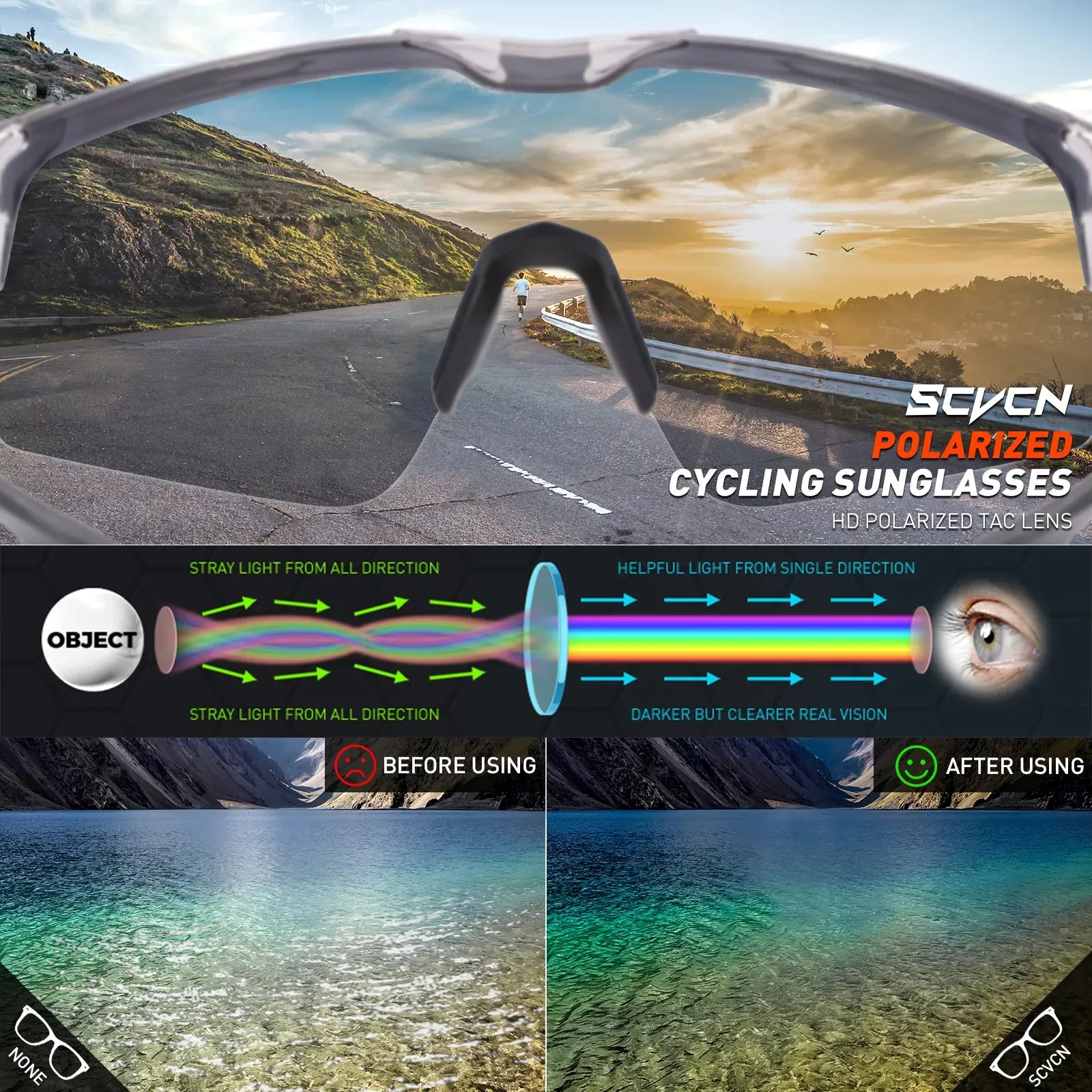 SCVCN Polarized Cycling Glasses UV400 Protection Eyewear Men Women Outdoor Sports Running Fishing Sunglasses Road MTB Goggles